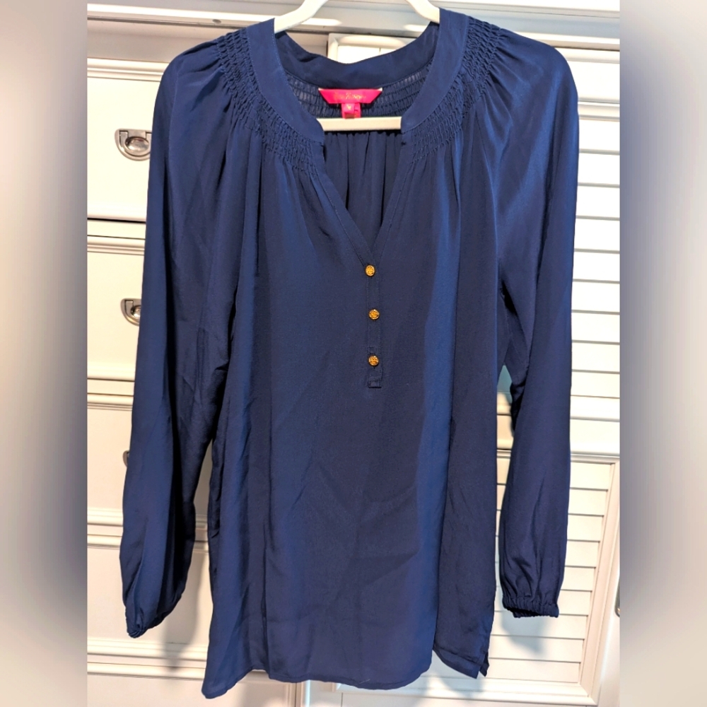 Lilly Pulitzer Women's 100% silk navy blue long sleeve top blouse xl